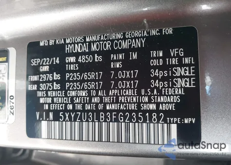 2015 Hyundai Santa Fe Sport 2.4L from USA, damaged, VIN 5XYZU3LB3FG235182